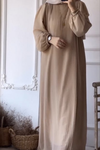 فستان روزا بأكمام مطوية (بيج) 4077